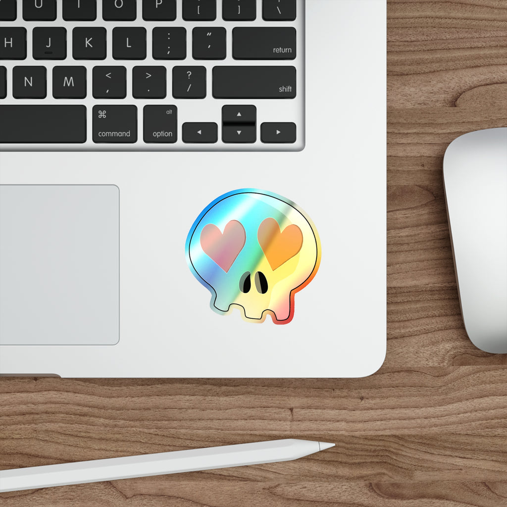 Heart-Eyes Skull Holographic Sticker (Orange)