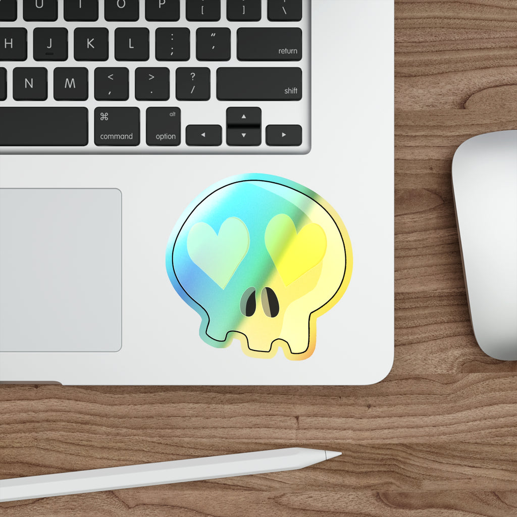 Heart-Eyes Skull Holographic Sticker (Yellow)