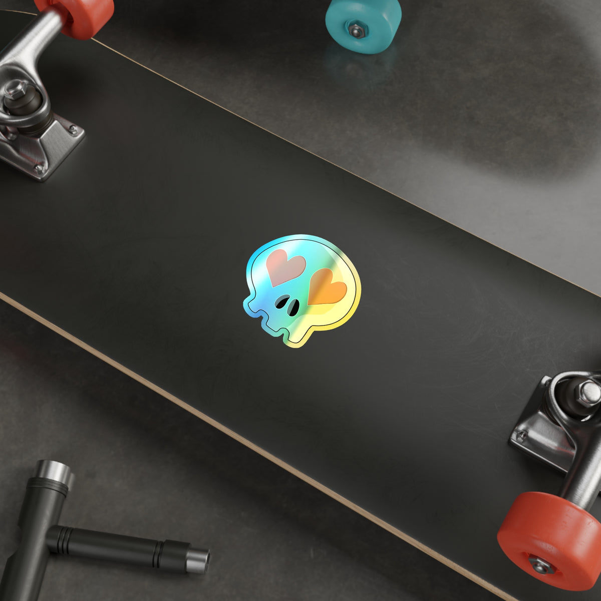 Heart-Eyes Skull Holographic Sticker (Orange)