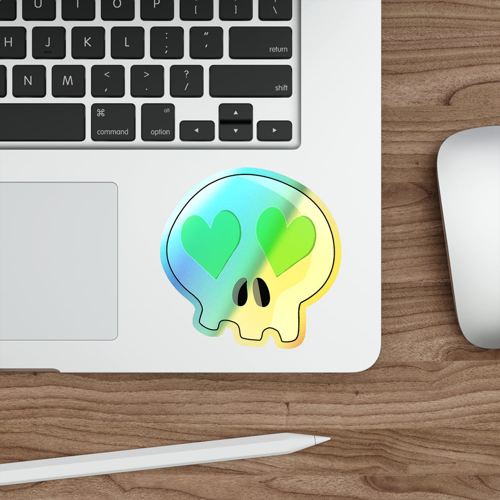 Heart-Eyes Skull Holographic Sticker (Green)