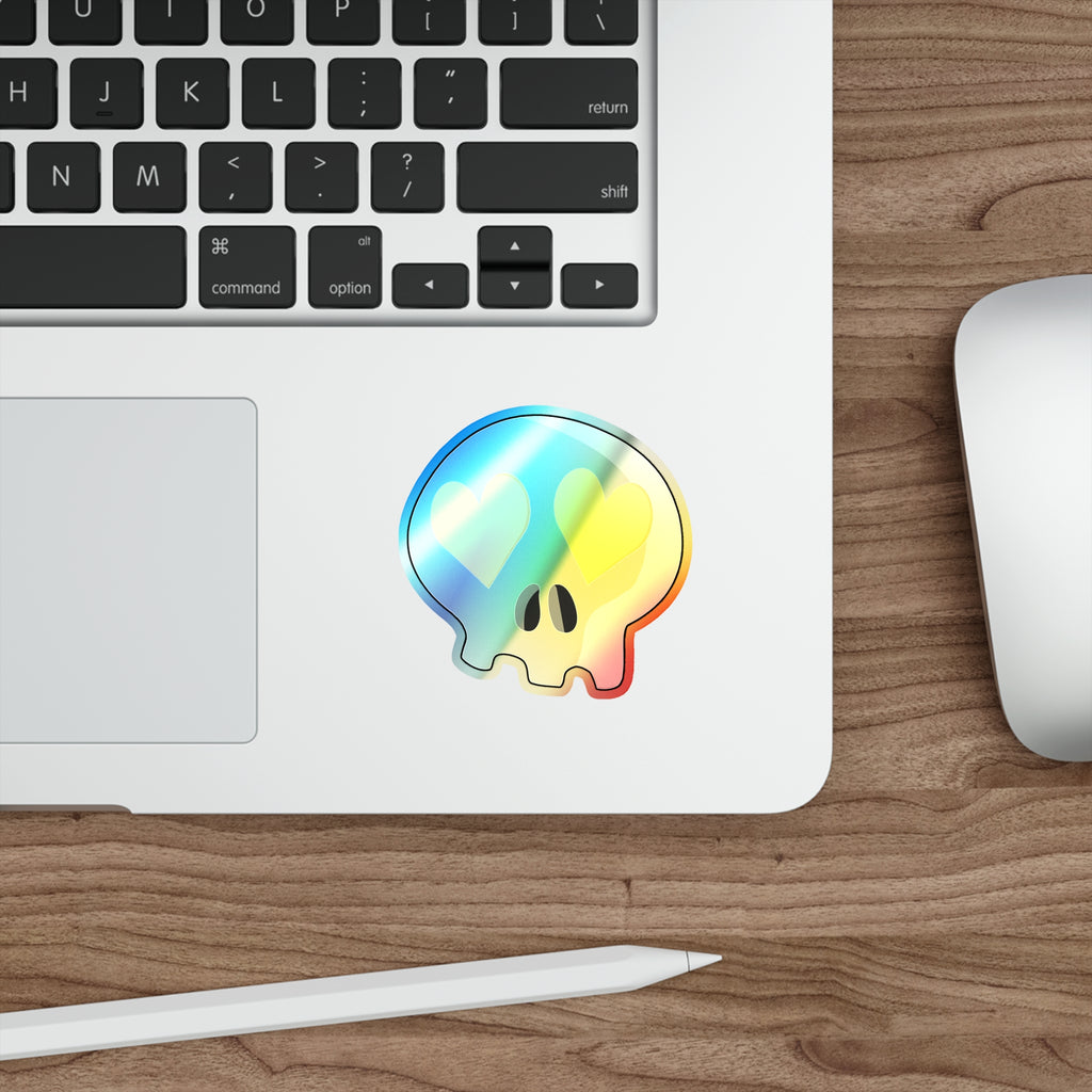 Heart-Eyes Skull Holographic Sticker (Yellow)