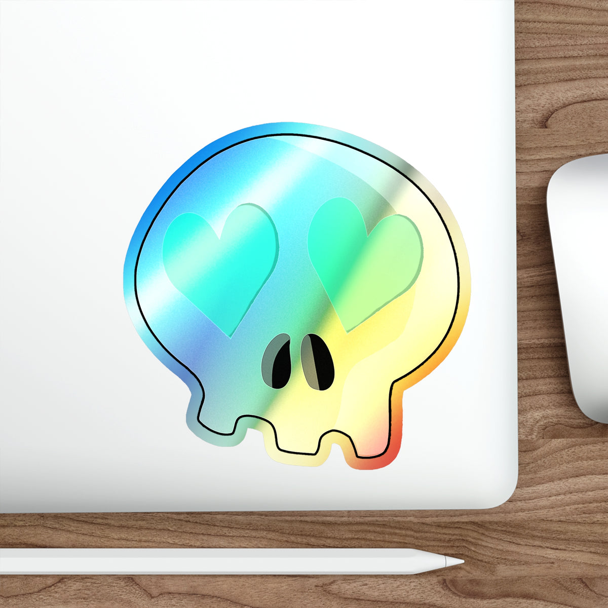 Heart-Eyes Skull Holographic Sticker (Teal)