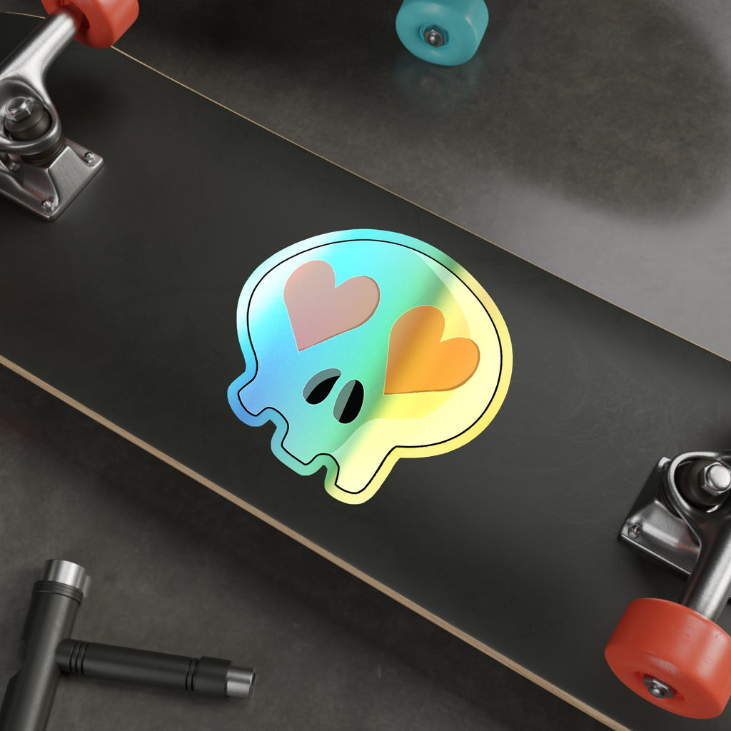 Heart-Eyes Skull Holographic Sticker (Orange)