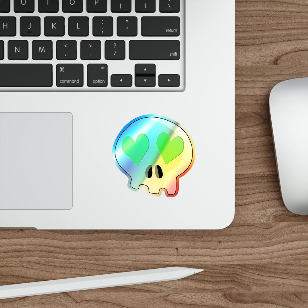 Heart-Eyes Skull Holographic Sticker (Green)