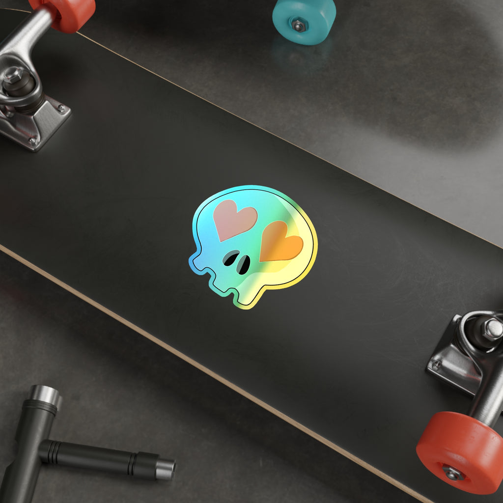 Heart-Eyes Skull Holographic Sticker (Orange)