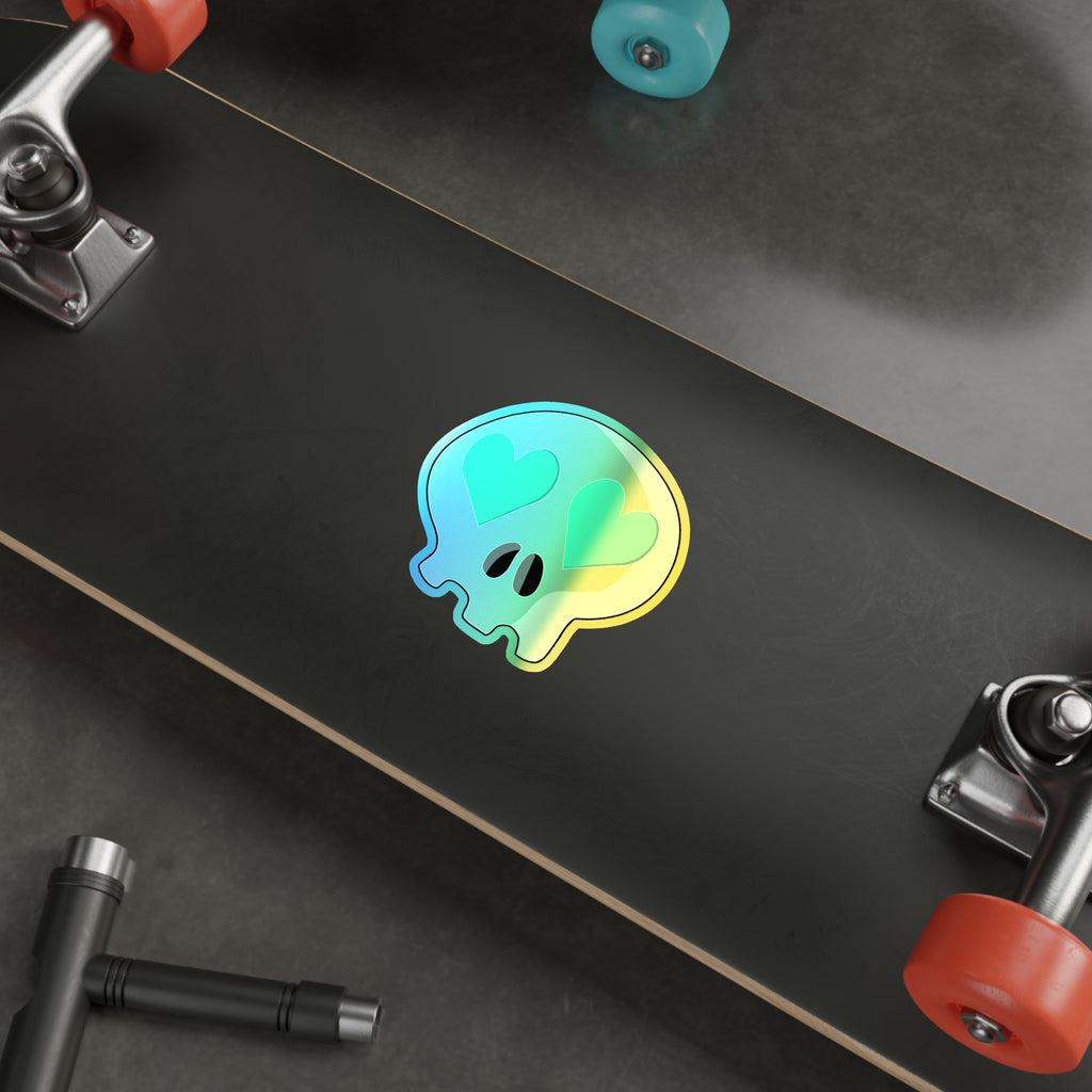 Heart-Eyes Skull Holographic Sticker (Teal)
