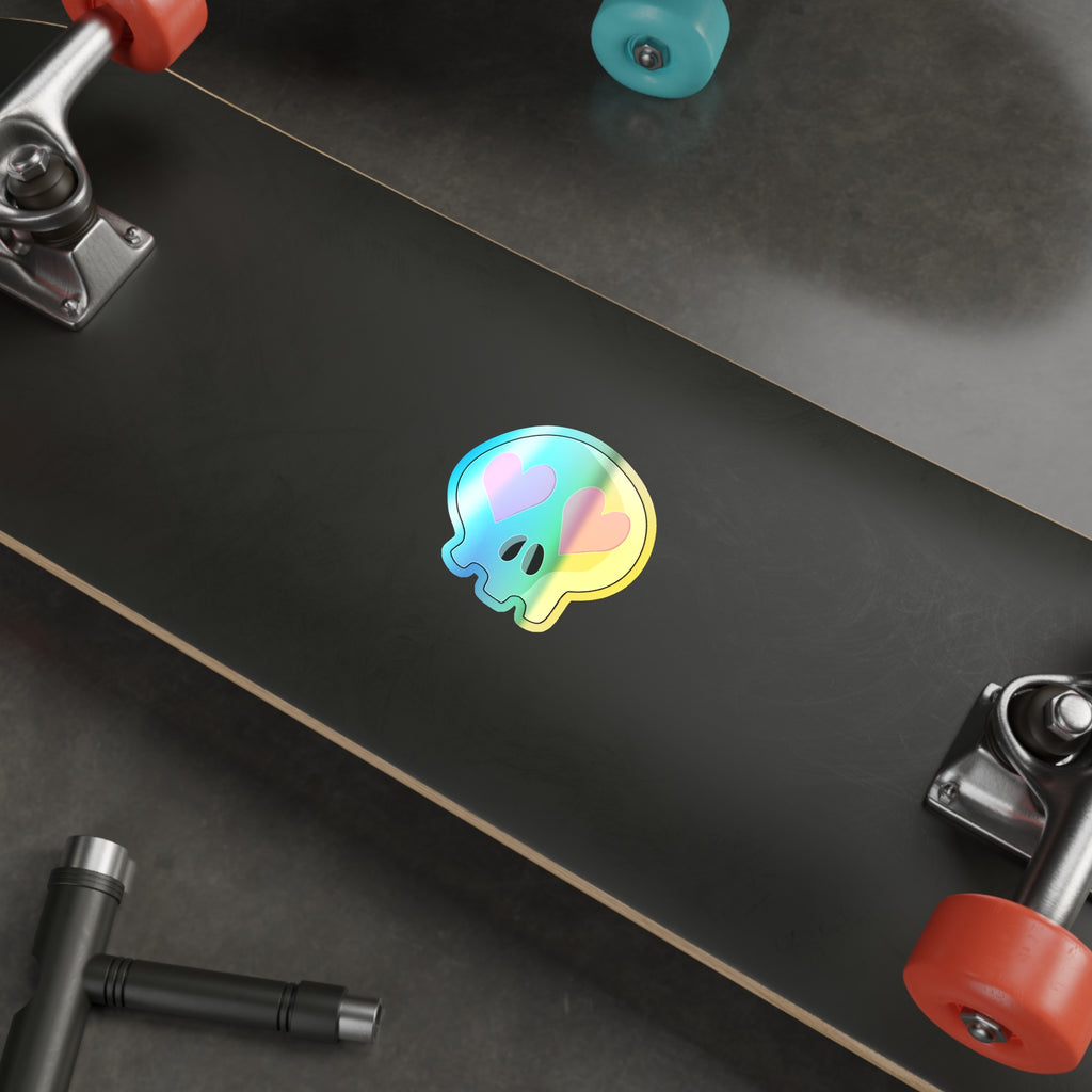 Heart-Eyes Skull Holographic Sticker (Pink)