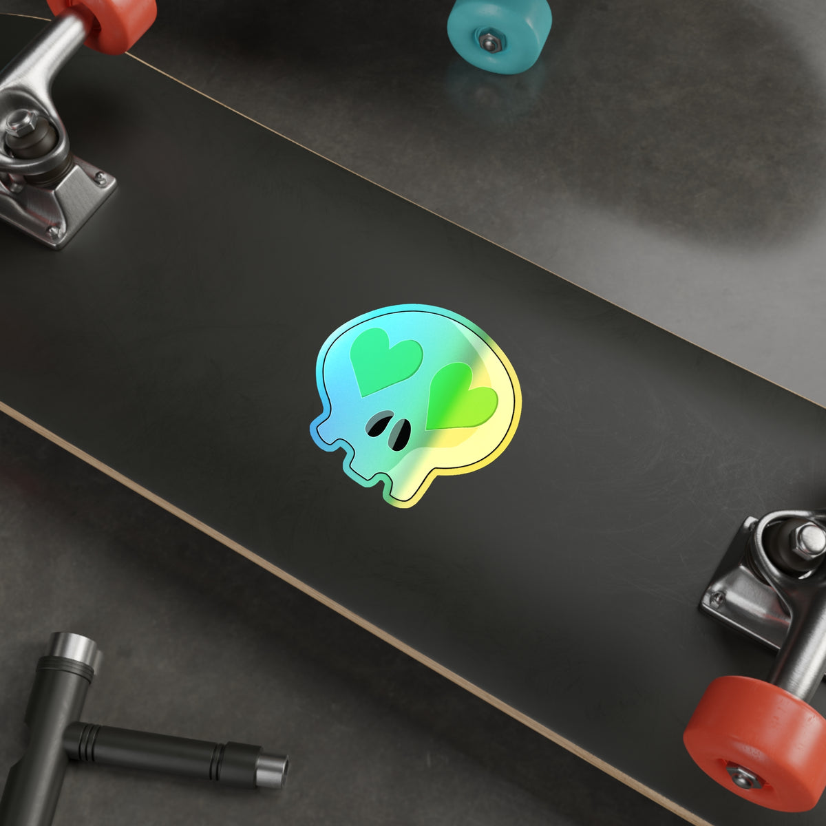 Heart-Eyes Skull Holographic Sticker (Green)