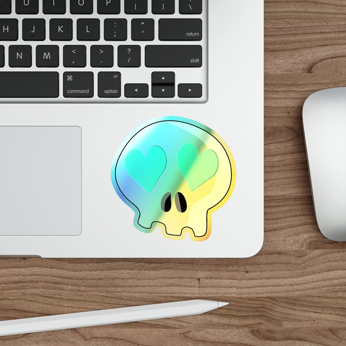 Heart-Eyes Skull Holographic Sticker (Teal)