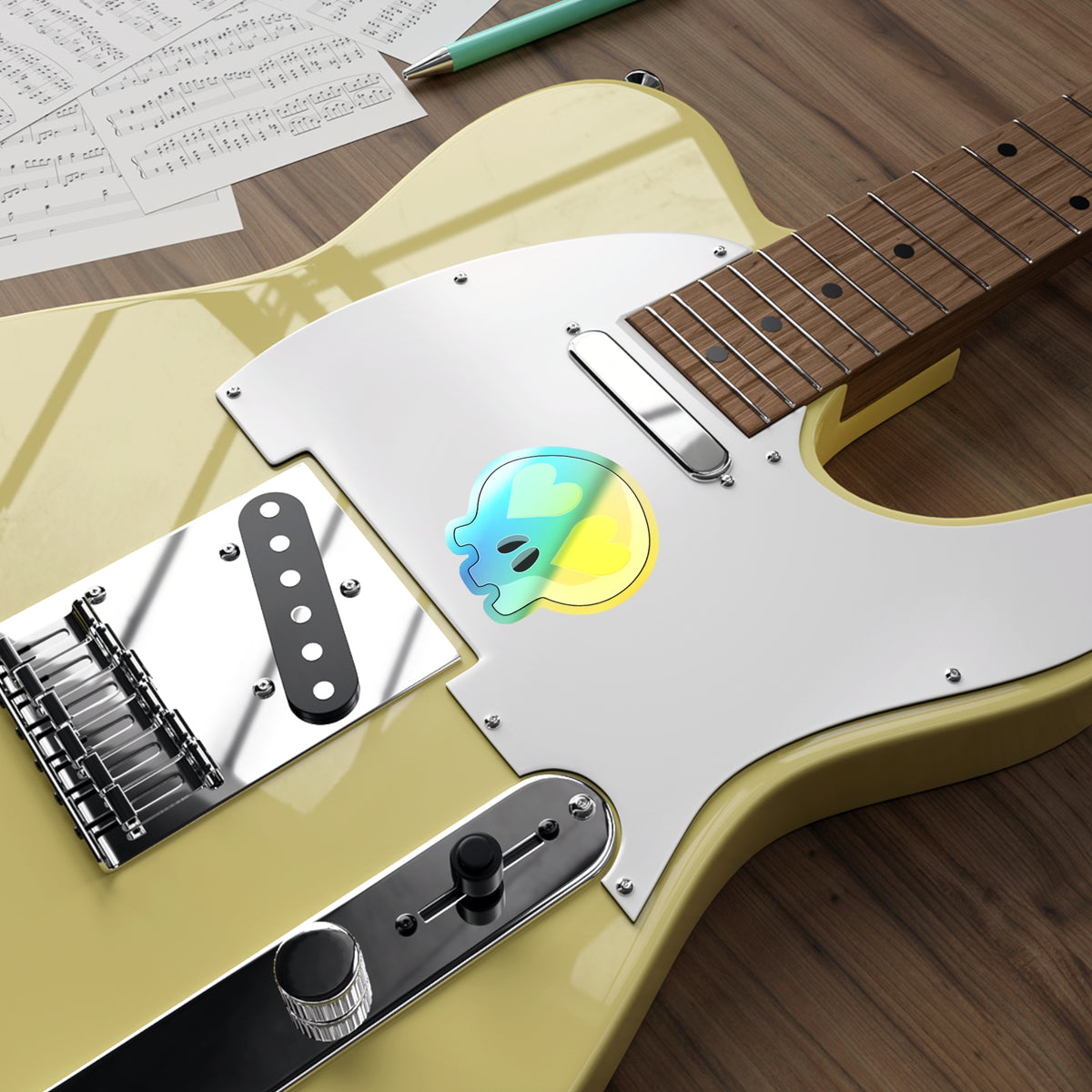 Heart-Eyes Skull Holographic Sticker (Yellow)