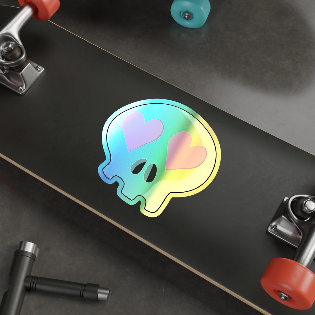 Heart-Eyes Skull Holographic Sticker (Pink)