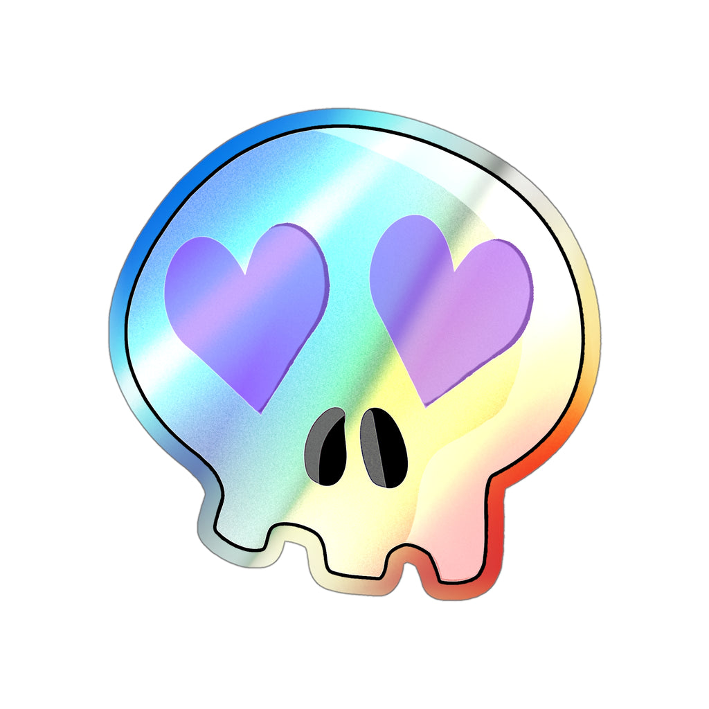 Heart-Eyes Skull Holographic Sticker (Purple)