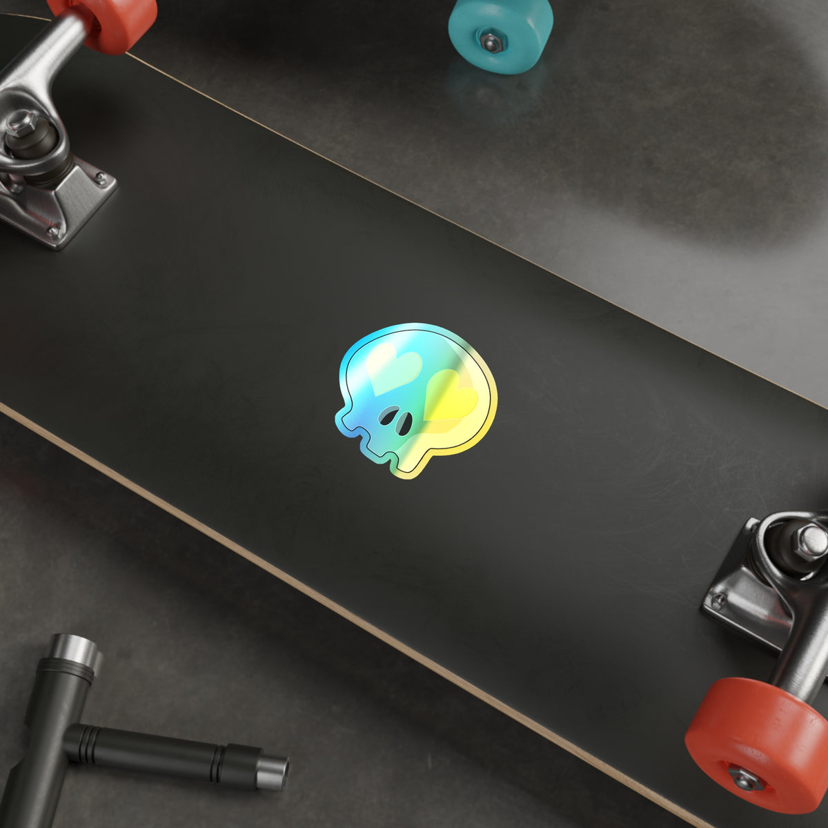 Heart-Eyes Skull Holographic Sticker (Yellow)